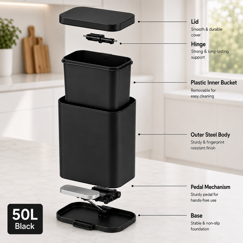 Nyxi 50L Stainless Steel Pedal Bin with Soft-Close Lid ,Fingerprint Resistant - Black
