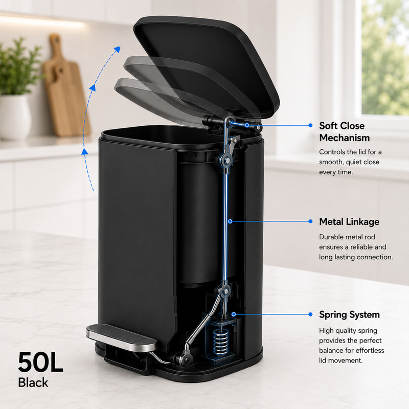 Nyxi 50L Stainless Steel Pedal Bin with Soft-Close Lid ,Fingerprint Resistant - Black