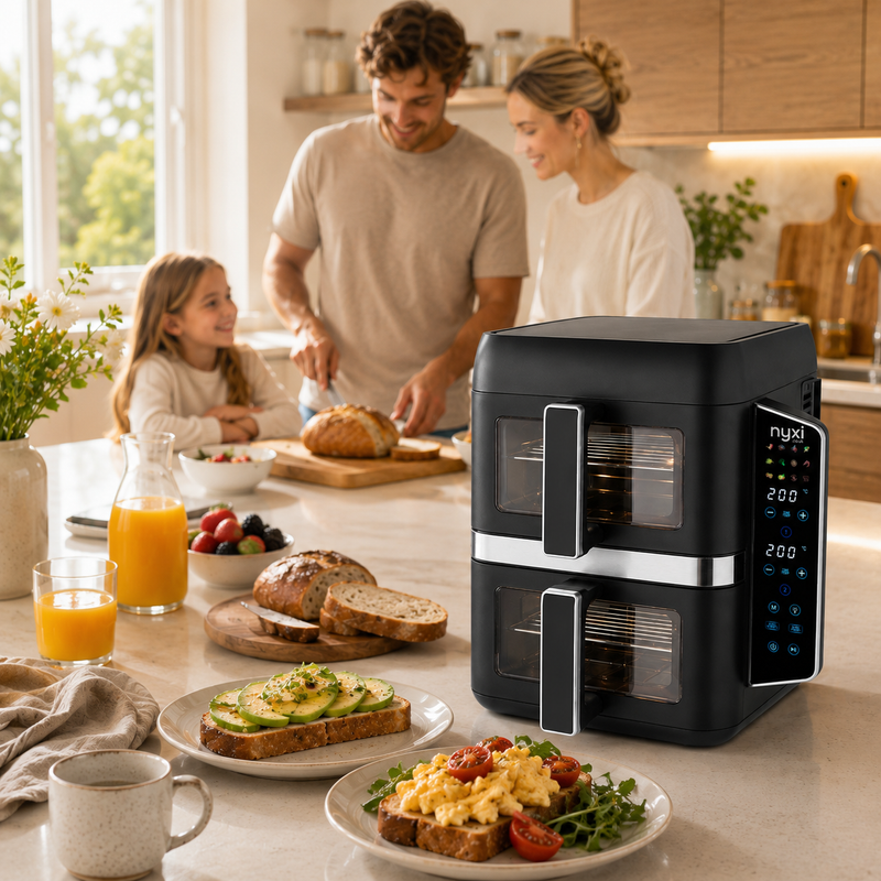 Nyxi 9L Stacked Dual Basket Air Fryer - 2 x 4.5L, 12 Modes, 2400W, Sync Finish - Black