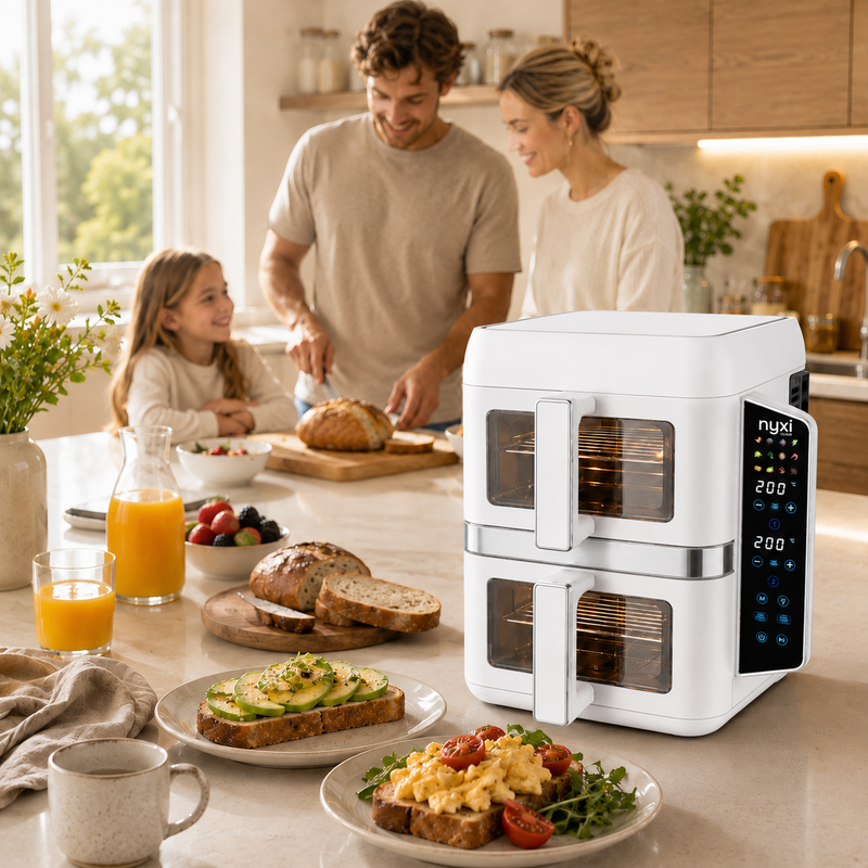 Nyxi 9L Stacked Dual Basket Air Fryer - 2 x 4.5L, 12 Modes, 2400W, Sync Finish - White