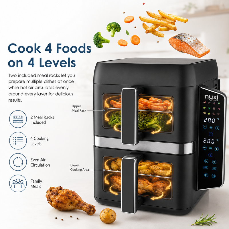 Nyxi 9L Stacked Dual Basket Air Fryer - 2 x 4.5L, 12 Modes, 2400W, Sync Finish - Black