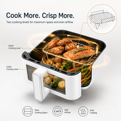 Nyxi 9L Stacked Dual Basket Air Fryer - 2 x 4.5L, 12 Modes, 2400W, Sync Finish - White