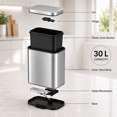Nyxi 30L Pedal Bin Soft-Close Lid Stainless Steel Durable Design for Home & Office - Silver