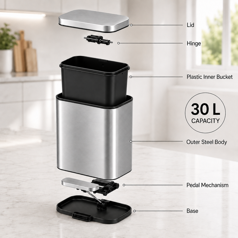 Nyxi 30L Pedal Bin Soft-Close Lid Stainless Steel Durable Design for Home & Office - Silver
