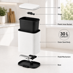 Nyxi 30L Stainless Steel Pedal Bin with Soft-Close Lid, Fingerprint Resistant - White