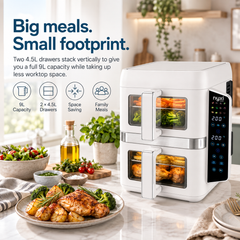 Nyxi 9L Stacked Dual Basket Air Fryer - 2 x 4.5L, 12 Modes, 2400W, Sync Finish - White