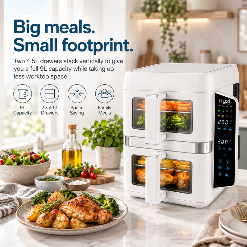 Nyxi 9L Stacked Dual Basket Air Fryer - 2 x 4.5L, 12 Modes, 2400W, Sync Finish - White