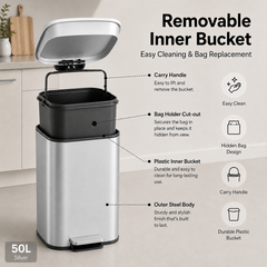 Nyxi 50L Stainless Steel Pedal Bin with Soft-Close Lid ,Fingerprint Resistant - Silver