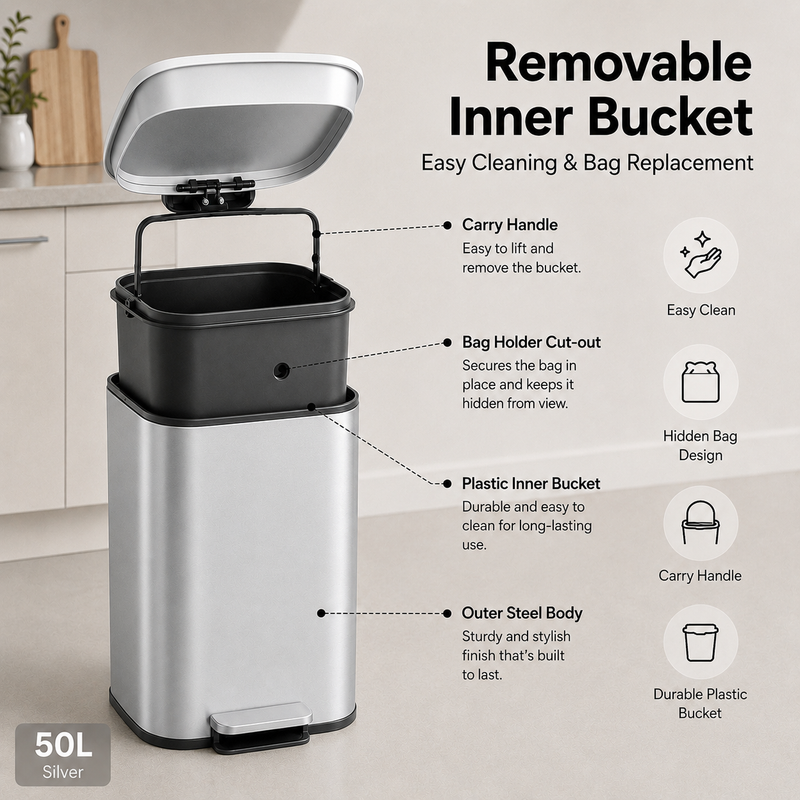 Nyxi 50L Stainless Steel Pedal Bin with Soft-Close Lid ,Fingerprint Resistant - Silver