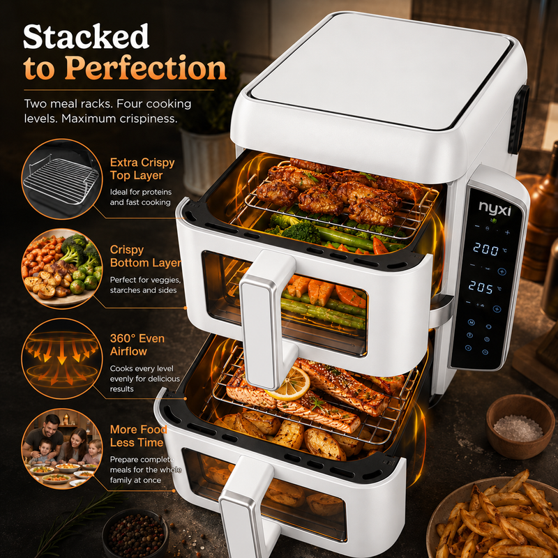 Nyxi 9L Stacked Dual Basket Air Fryer - 2 x 4.5L, 12 Modes, 2400W, Sync Finish - White