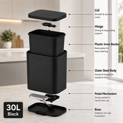 Nyxi 30L Stainless Steel Pedal Bin with Soft-Close Lid, Fingerprint Resistant - Black