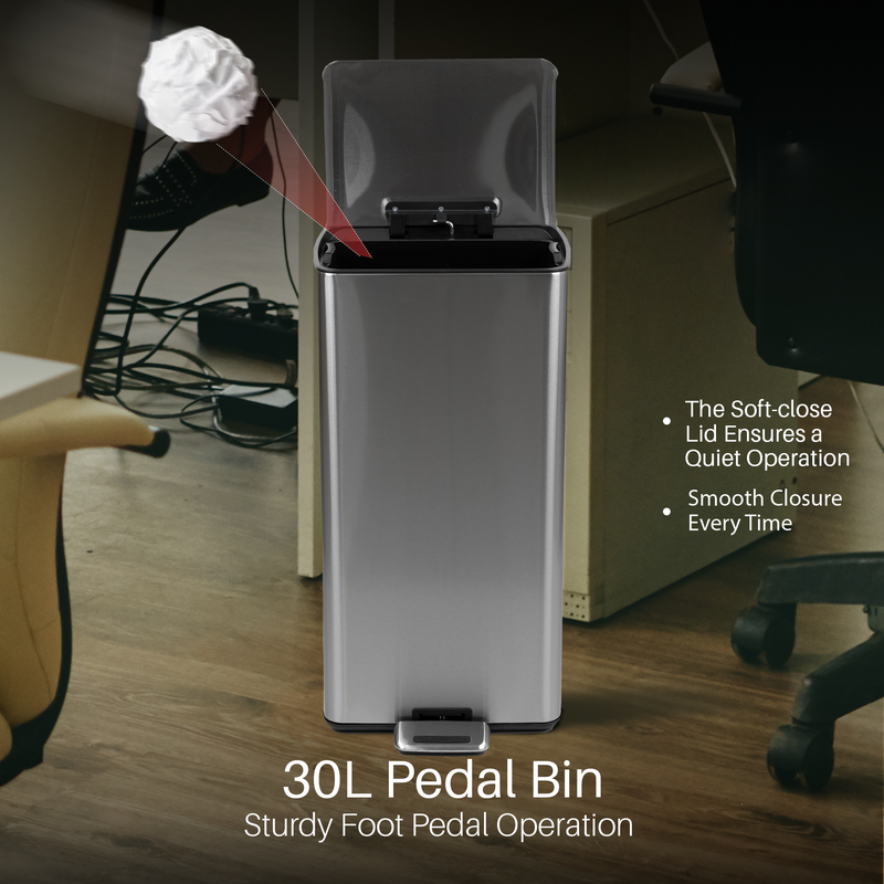 Nyxi 30L Pedal Bin Soft-Close Lid Stainless Steel Durable Design for Home & Office