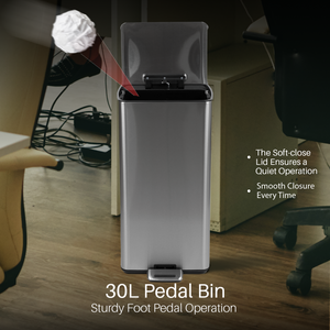 30L Pedal Bin Soft-Close Lid Stainless Steel Durable Design for Home & Office
