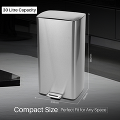 Nyxi 30L Pedal Bin Soft-Close Lid Stainless Steel Durable Design for Home & Office
