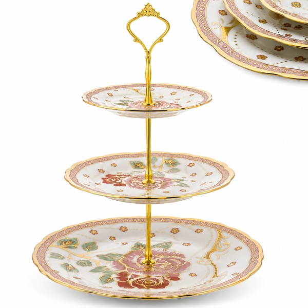 Nyxi Ceramic 3 Tier Floral Cake Stand (Gold)
