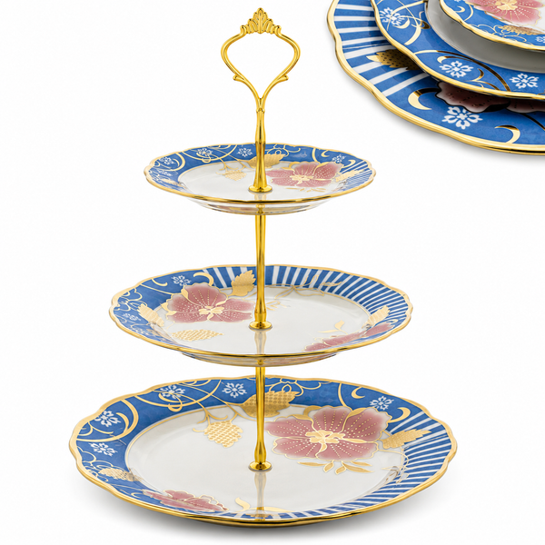 Nyxi Ceramic 3 Tier Floral Cake Stand (Blue)