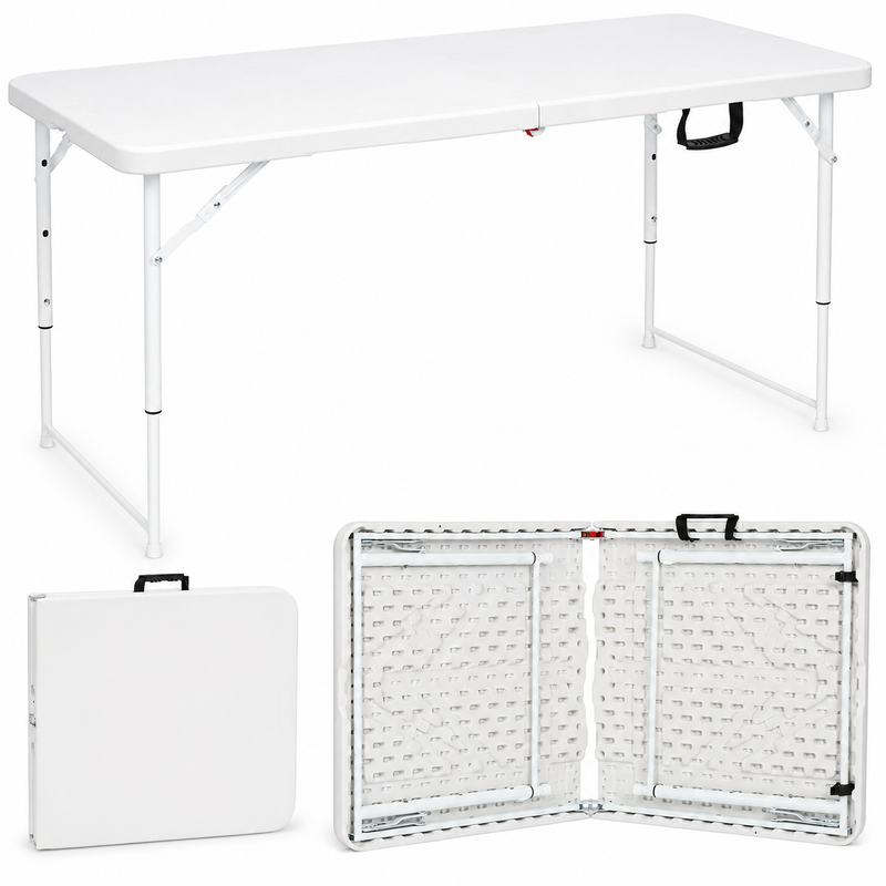 Nyxi 4ft Folding Table – Adjustable Height (56-74cm) White Top & Legs Sturdy, Waterproof & Portable