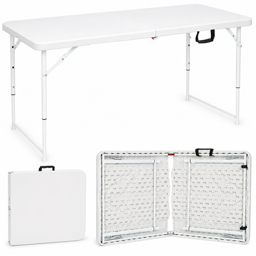 Nyxi 4ft Folding Table – Adjustable Height (56-74cm) White Top & Legs Sturdy, Waterproof & Portable