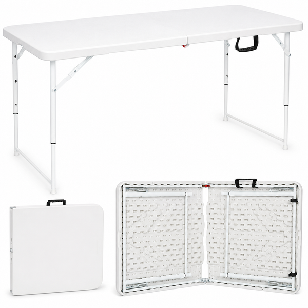 Nyxi 4ft Folding Table – Adjustable Height (56-74cm) White Top & Legs Sturdy, Waterproof & Portable
