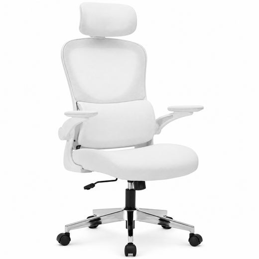 Nyxi Office Chair Ergonomic Computer Desk, Work & Study Chair, High Mesh Back, Foldable 3D Armrests (White, Model 782)