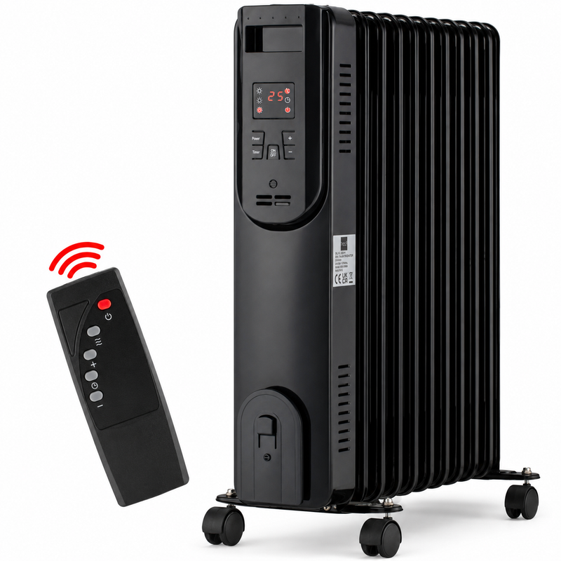 Nyxi 11-Fin Oil Filled Heater 2500W with Remote Control 3 Power Settings (Black, Model 3843)