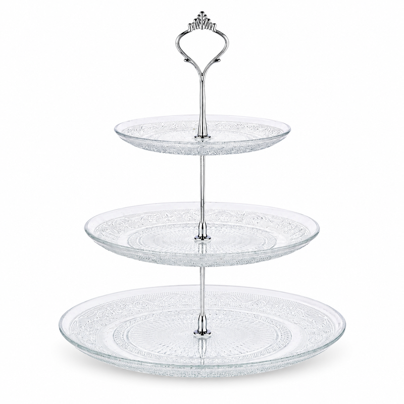 Nyxi Glass 3 Tier Cake Stand Round Display with New Silver Fittings