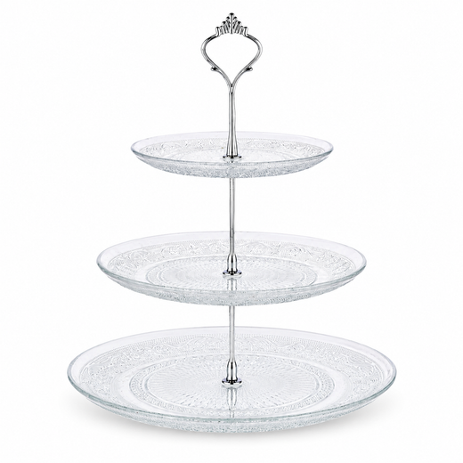 Nyxi Glass 3 Tier Cake Stand Round Display with New Silver Fittings