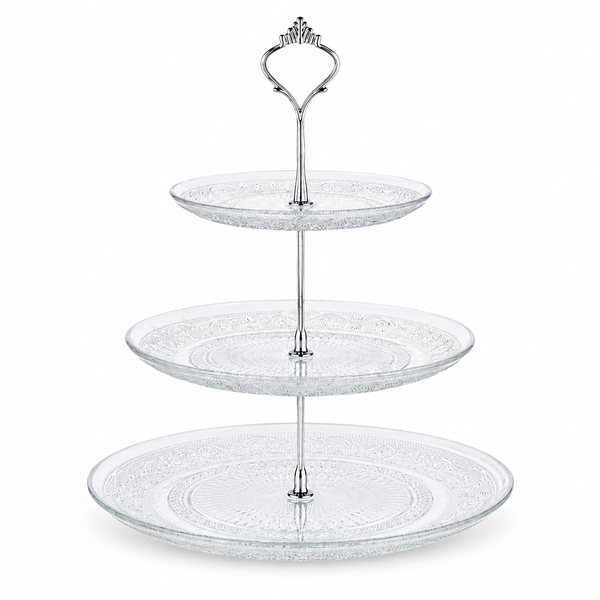 Nyxi Glass 3 Tier Cake Stand Round Display with New Silver Fittings
