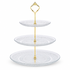 Nyxi Glass 3 Tier Cake Stand Round Display with New Gold Fittings