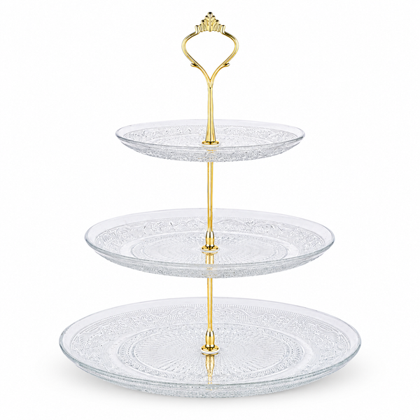 Nyxi Glass 3 Tier Cake Stand Round Display with New Gold Fittings