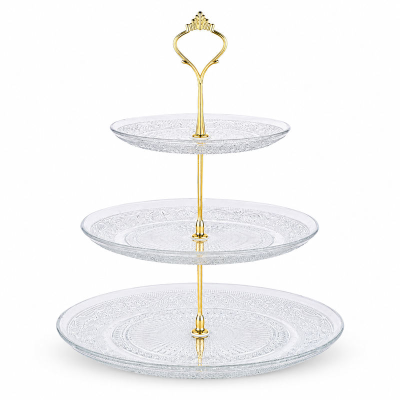 Nyxi Glass 3 Tier Cake Stand Round Display with New Gold Fittings