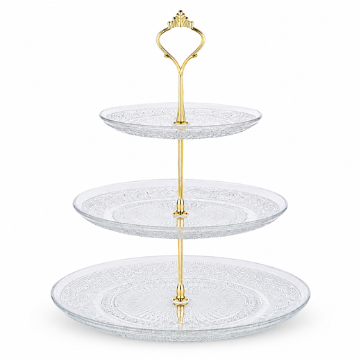 Nyxi Glass 3 Tier Cake Stand Round Display with New Gold Fittings