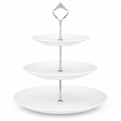 Nyxi White Ceramic 3 Tier Cake Stand Round Display with New Silver Fittings