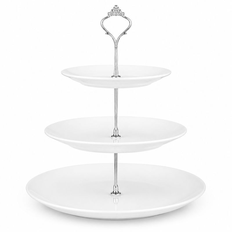 Nyxi White Ceramic 3 Tier Cake Stand Round Display with New Silver Fittings