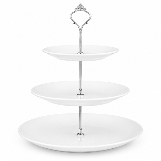 Nyxi White Ceramic 3 Tier Cake Stand Round Display with New Silver Fittings