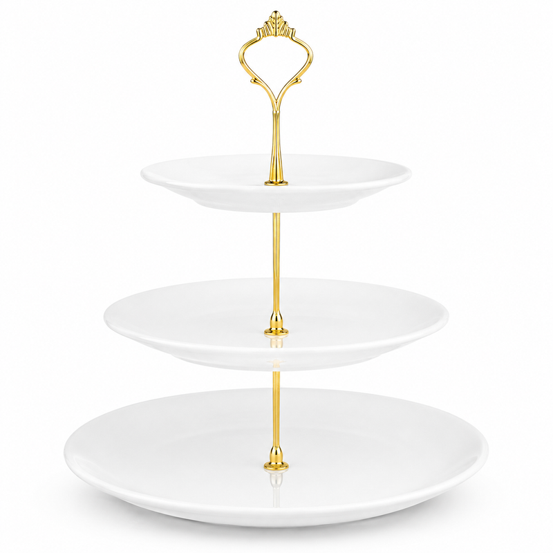 Nyxi White Ceramic 3 Tier Cake Stand Round Display with New Gold Fittings