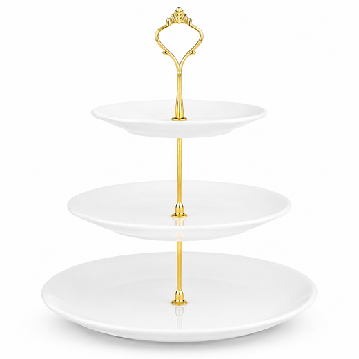 Nyxi White Ceramic 3 Tier Cake Stand Round Display with New Gold Fittings