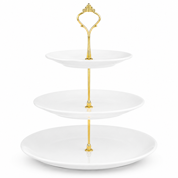 Nyxi White Ceramic 3 Tier Cake Stand Round Display with New Gold Fittings