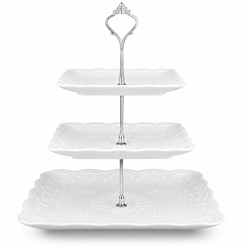 Nyxi Square Ceramic 3 Tier Cake Stand Silver Fittings