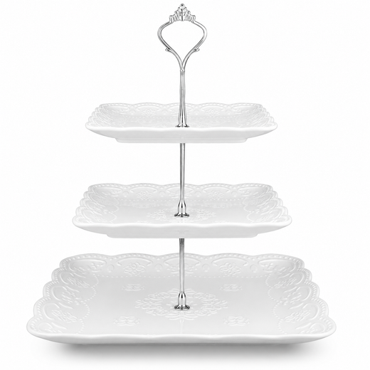 Nyxi Square Ceramic 3 Tier Cake Stand Silver Fittings