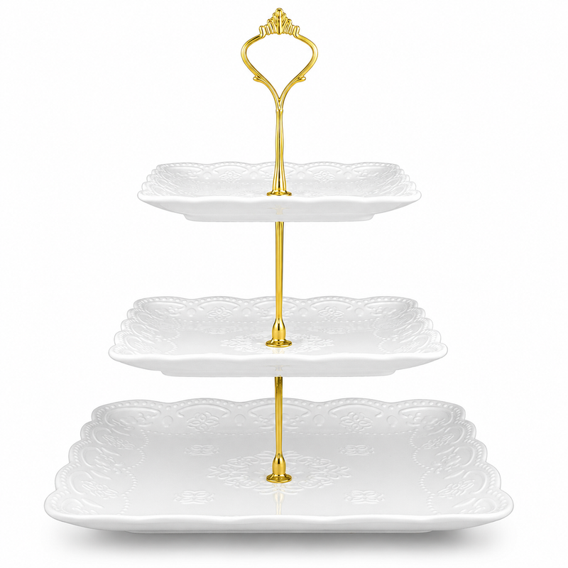 Nyxi Square Ceramic 3 Tier Cake Stand with Gold Fittings