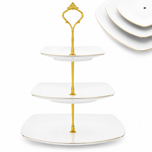 Nyxi 3 Tier Cake Stand White Ceramic Square Plates - Gold Crown Fittings