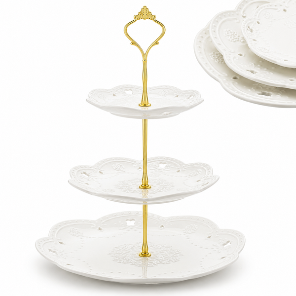 Nyxi 3 Tier Cake Stand White Ceramic Round Plates - Gold Fittings & Gift Box