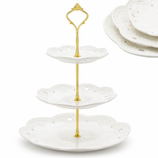 Nyxi 3 Tier Cake Stand White Ceramic Round Plates - Gold Fittings & Gift Box