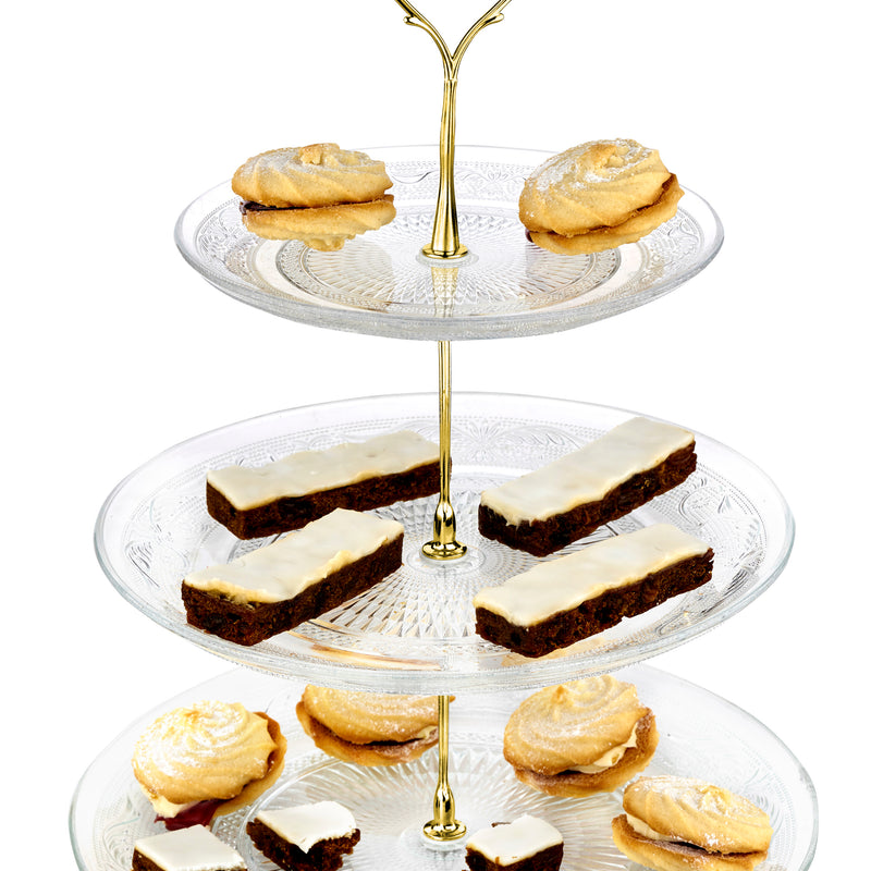 Nyxi Glass 3 Tier Cake Stand Round Display with New Gold Fittings