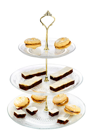 Glass 3 Tier Cake Stand Round Display with New Gold Fittings