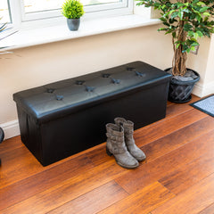 Nyxi Faux Leather Ottoman Storage Box (Black) - 110 * 38 * 38cm