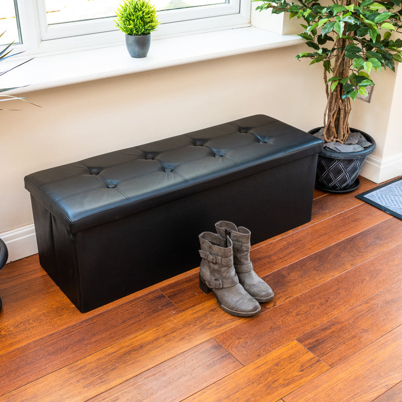 Nyxi Faux Leather Ottoman Storage Box (Black) - 110 * 38 * 38cm