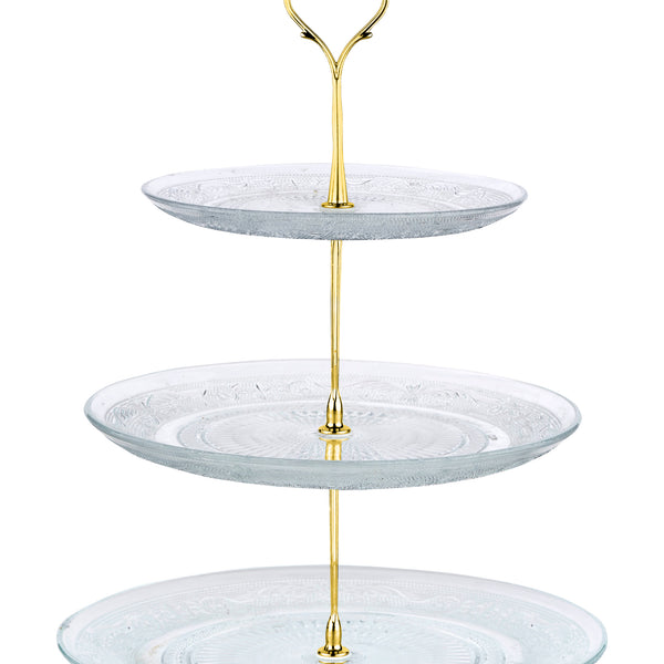 Nyxi Glass 3 Tier Cake Stand Round Display with New Gold Fittings