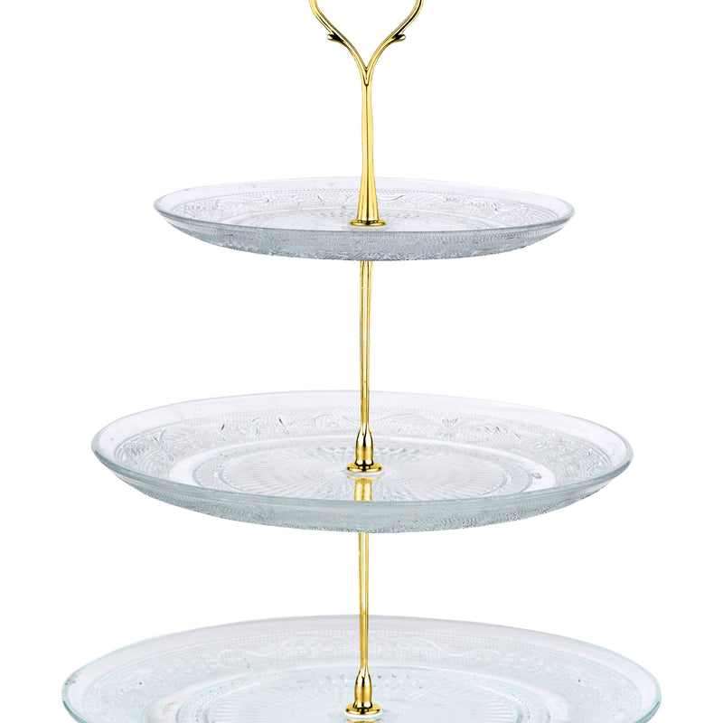 Nyxi Glass 3 Tier Cake Stand Round Display with New Gold Fittings